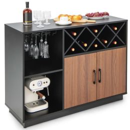 Industrial Sideboard Cabinet with Removable Wine Rack and Glass Holder (Color: Black, Brown)