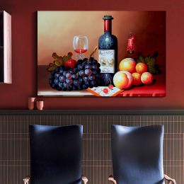 Framed Canvas Wall Art Decor Painting, Still Life Wine and Grape Fruits on Table Oil Painting Style Decoration For Restaurant, Kitchen, Dining Room, O (Color: as pic)