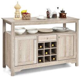 Server Buffet Sideboard With Wine Rack and Open Shelf (Color: Gray)