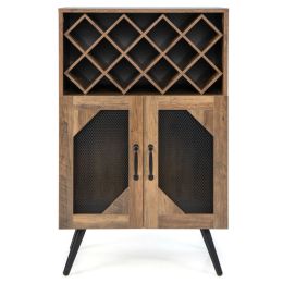 2-Door Farmhouse Kitchen Storage Bar Cabinet with Wine Rack and Glass Holder (Color: Rustic Brown)