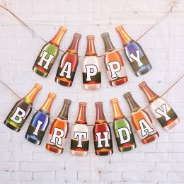 1 SET The wine bottle Happy Birthday Party Flags Party Decoration Birthday Banner Bunting (Color: bottle)